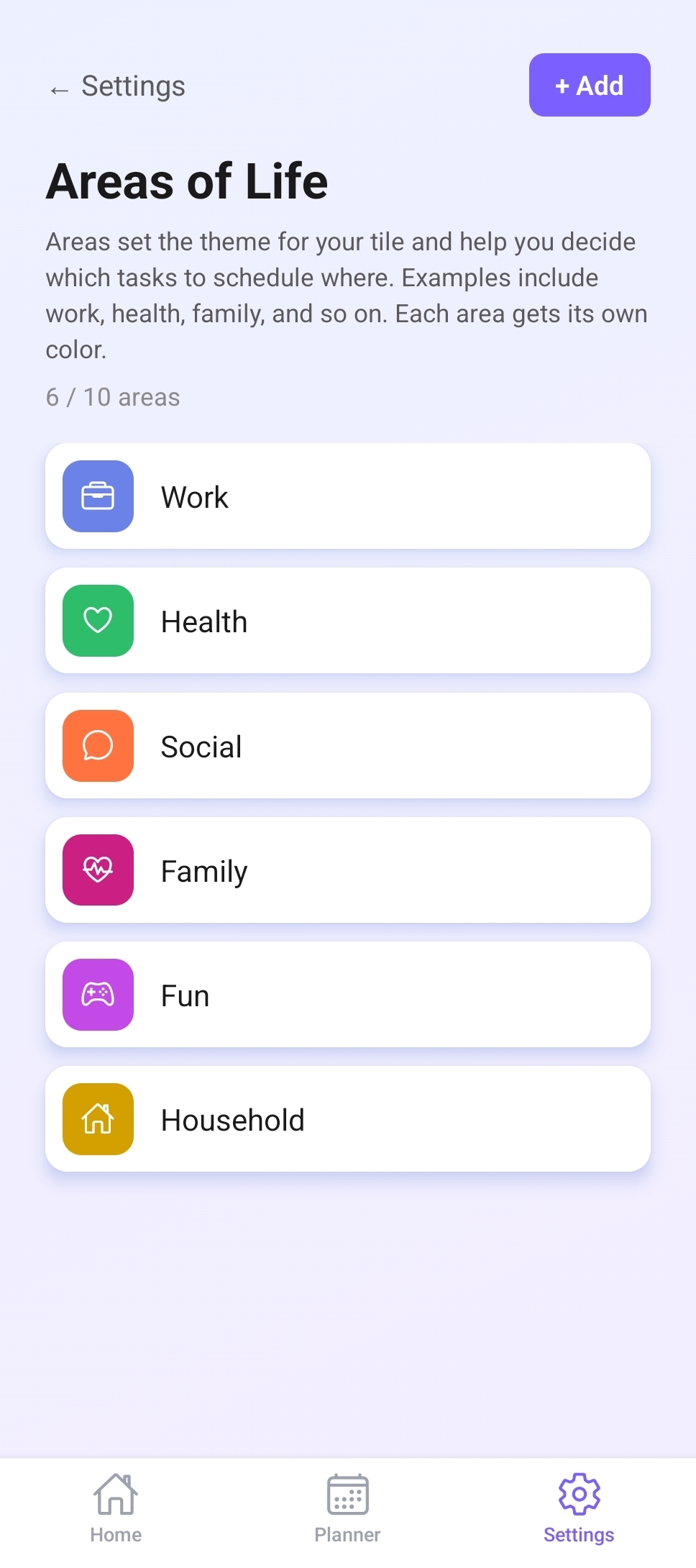 Areas of Life settings screen showing Work, Health, Social, Family, Fun, and Household tiles