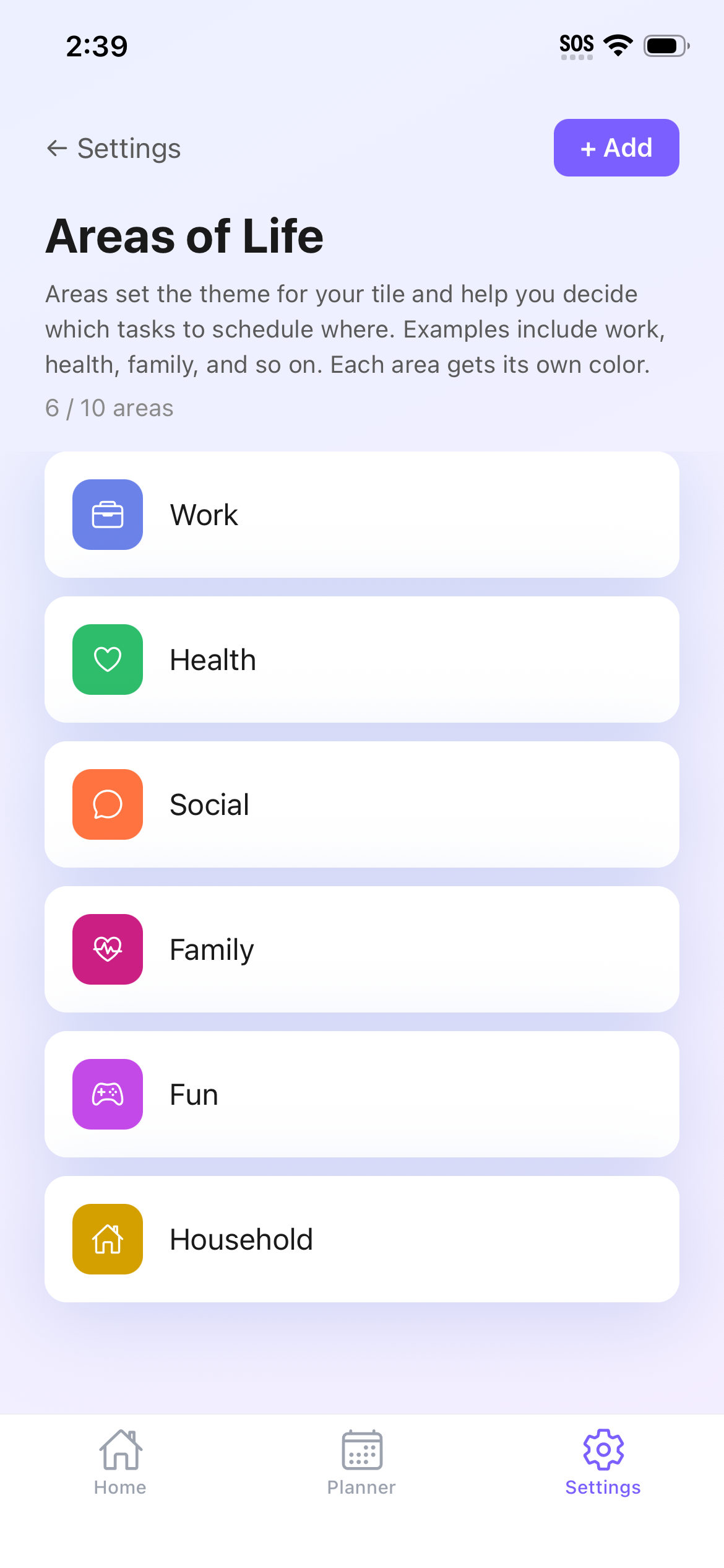 Areas of Life settings screen showing Work, Health, Social, Family, Fun, and Household tiles