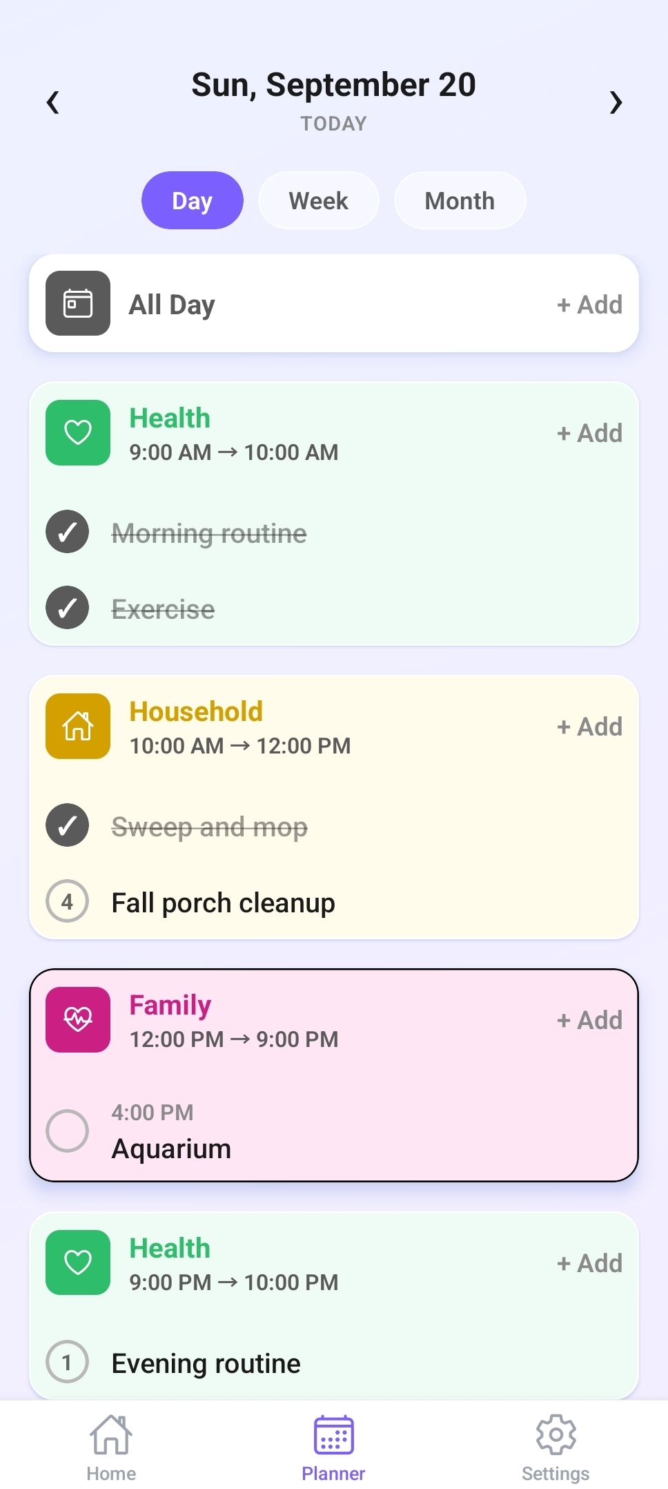Planner day view for Sunday, September 20 showing Health, Household, and Family blocks with tasks, some completed, and priority numbers