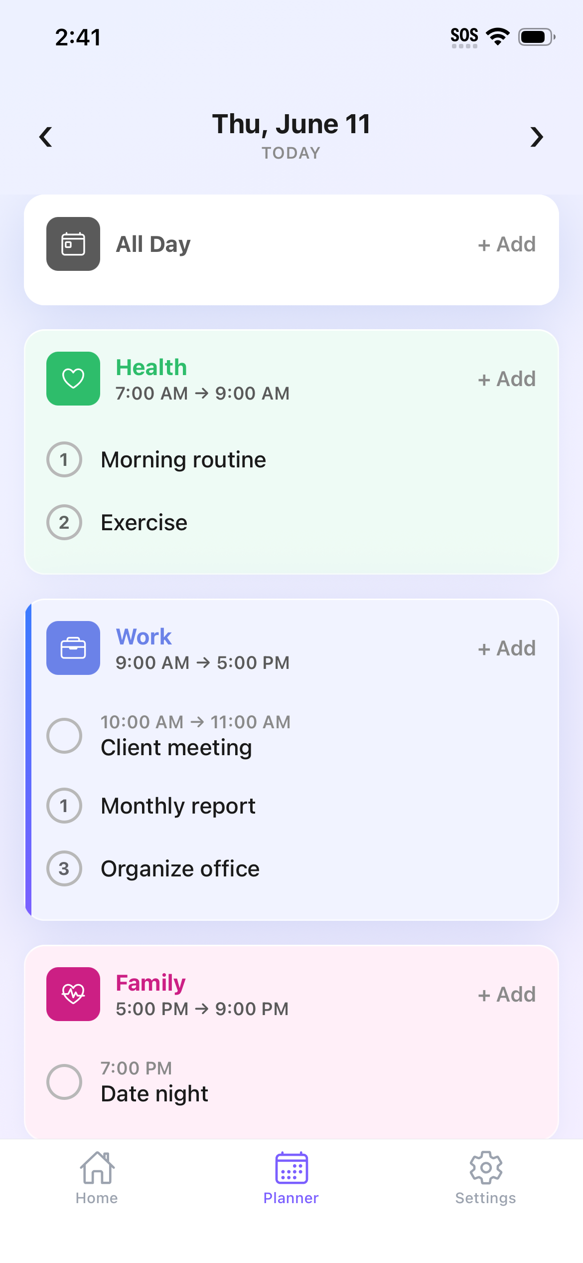 Planner day view for Thursday, June 11 showing Health, Work, and Family blocks with tasks and priority numbers