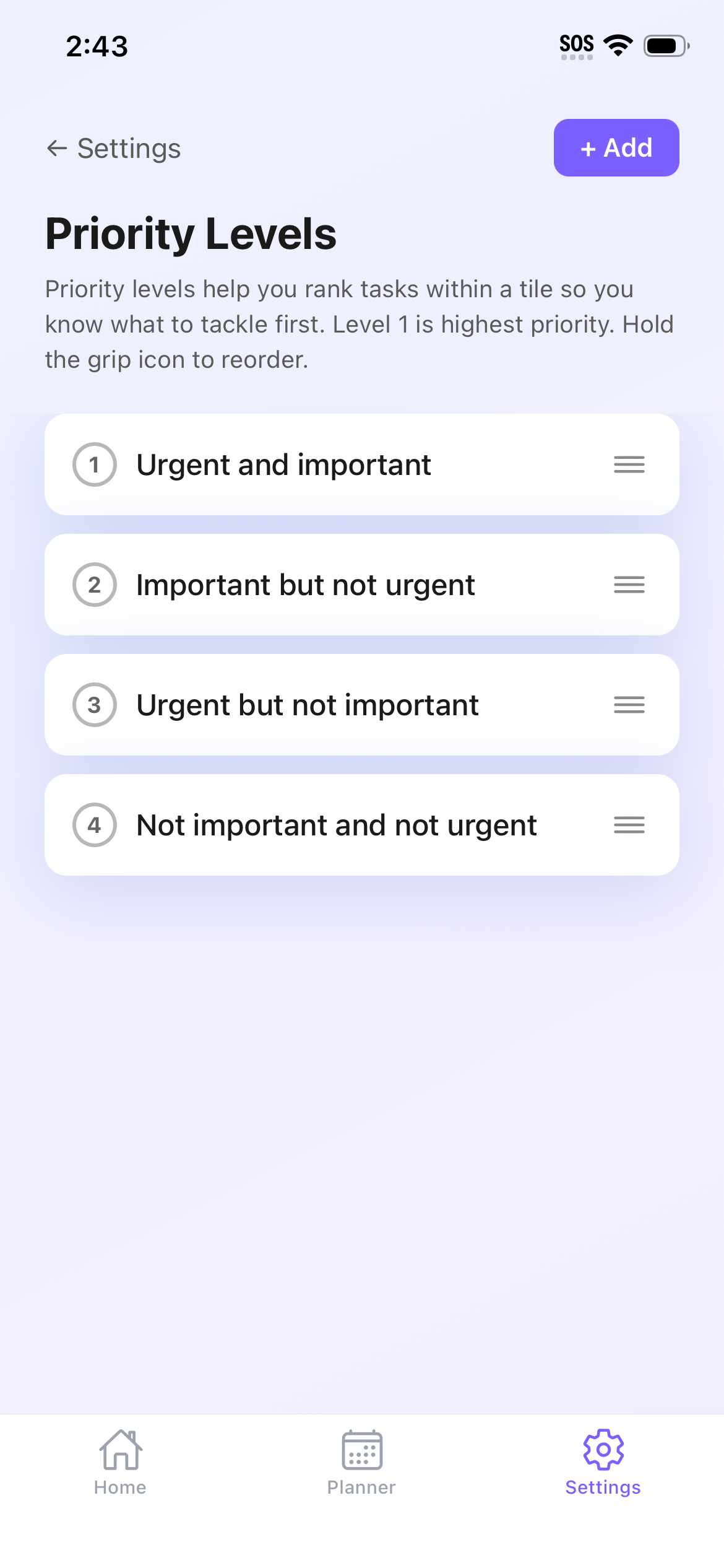 Priority Levels settings screen showing Urgent and important, Important but not urgent, Urgent but not important, and Not important and not urgent