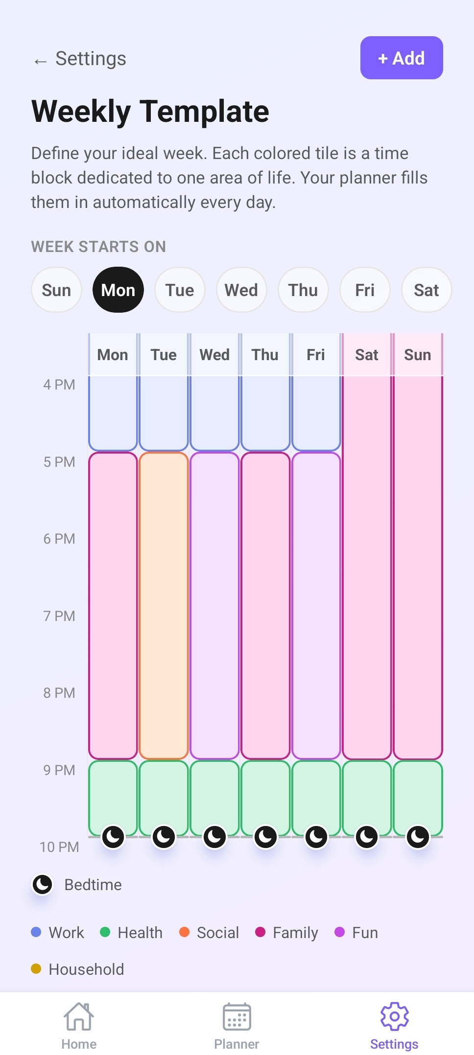 Weekly Template settings screen showing a week-starts-on day picker and a 7-day grid with Work, Health, Social, and Family blocks ending at a bedtime marker each night